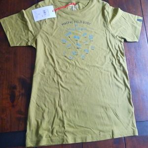 macpac tshirt animal footprints green field guide olive green organic kids size